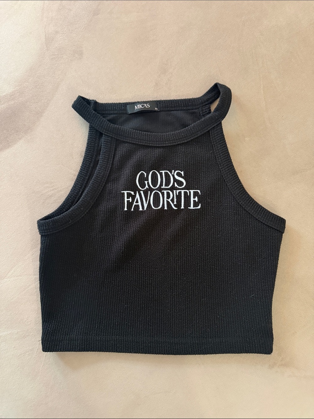 Micas Black Ribbed Crop Tank - "God's Favorite" Embroidered